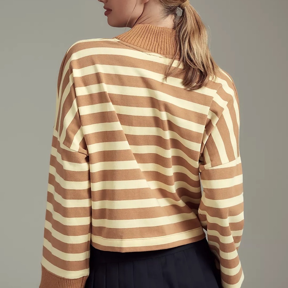 Maeve Cream and Camel Striped V-Neck Sweater Top - Picture 2 of 6